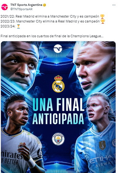TNT Sports de Argentina: “Final anticipada en los cuartos de final de la Champions League...”