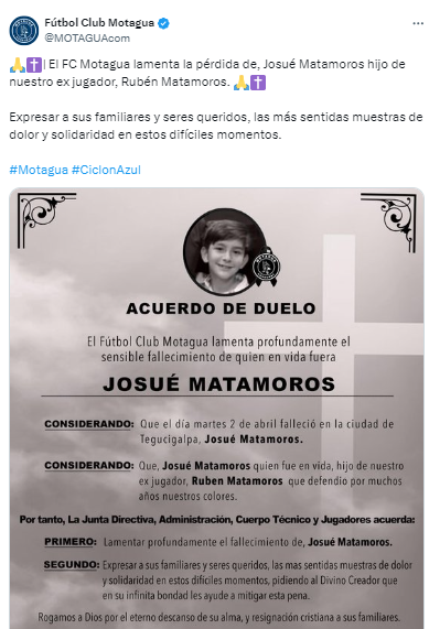 El comunicado de Motagua: “Expresar a sus familiares y seres queridos, las más sentidas muestras de dolor y solidaridad en estos difíciles momentos”.