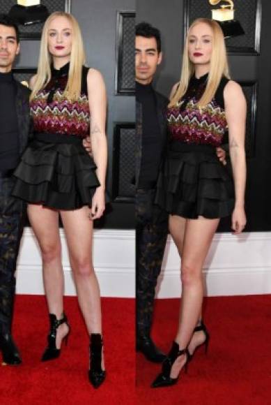 Las esposas de los Jonas se encargaron de deslumbrar en los Grammy. Sophie Turner lució juvenil en una minifalda acompañada de un top colorido.