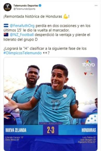 Telemundo Deportes - “¡Remontada histórica de Honduras! Perdía en dos ocasiones y en los últimos 15' le dio la vuelta al marcador”. “¿Logrará la 'H' clasificar a la siguiente fase de los Olimpicos“, se preguntan.