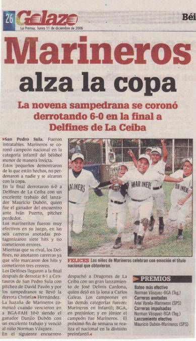 Uno de los reportes de Diario La Prensa cuando Mauricio Dubón quedó campeón en categoría infantil de la liga en el 2006.