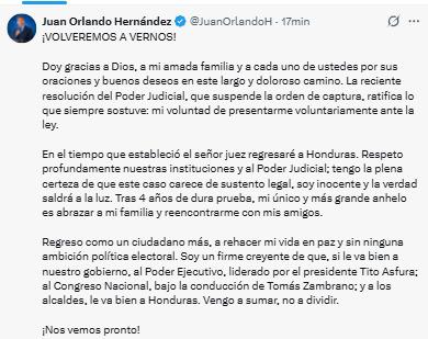 “¡Volveremos a vernos!”: Juan Orlando Hernández tras suspensión de orden de captura