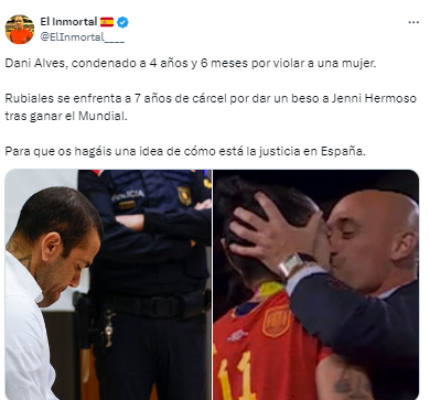 El Inmortal, fanpage que da noticias de España, detalló que Rubiales iría a la cárcel siete años por un beso y que Alves solo cuatro por violar a una mujer.