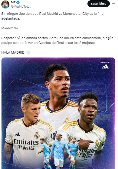 “Sin ningún tipo de duda Real Madrid vs Manchester City es la final adelantada”, reaccionan en redes tras el cruce en cuartos de final de la Champions League. (Madrid Total)