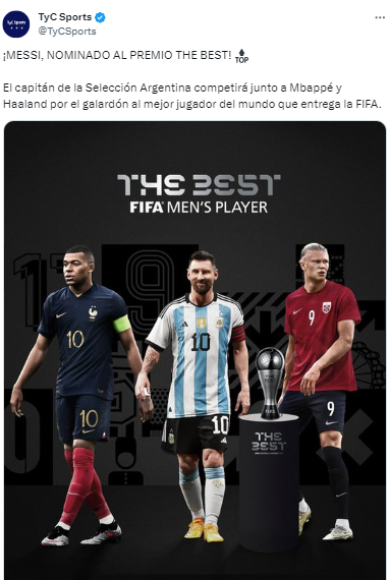 Así publicó TyC Sports de Argentina la nominación de Lionel Messi a los The Best 2023.