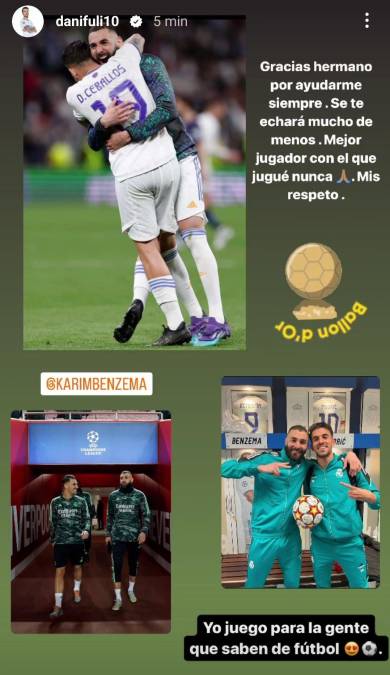 Dani Ceballos, por su parte, recordó una frase de Benzema: “Yo juego para la gente que sabe de fútbol”. Y en su publicación en instagram aseguró que el delantero francés es el mejor futbolista con el que ha jugado.