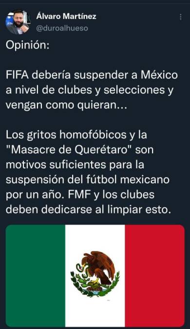 Inclusive algunos periodistas señalan que México debería de ser suspendido por la FIFA a nivel de selecciones y clubes. 