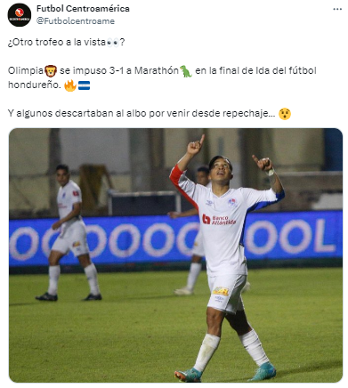 Fútbol Centroamérica: “¿Otro trofeo a la vista? Olimpia se impuso 3-1 a Marathón en la final de Ida del fútbol hondureño. Y algunos descartaron al albo por venir desde repechaje...”.