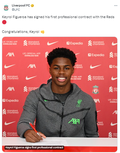 “Felicidades, Keyrol”, fue el mensaje del primer equipo del Liverpool de la Premier League.