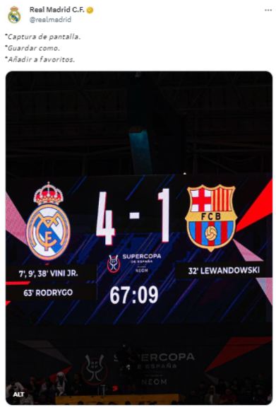 Real Madrid se mofa de la goleada al Barcelona a través de sus redes sociales: “Captura de pantalla, guardar como, añadir a favoritos”.