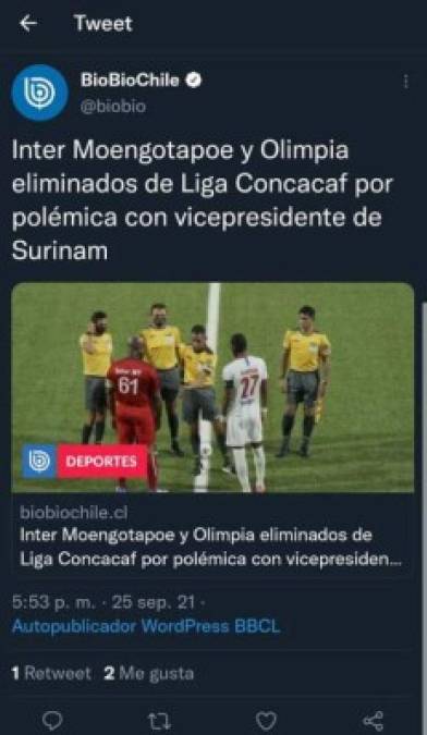 Medios de Chile también informaron lo el castigo al Inter Moengotapoe, Olimpia y vicepresidente de Surinam.