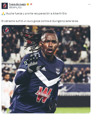 “Mucha fuerza y pronta recuperación a Alberth Elis”, publicó Fuera de Juego de ESPN.