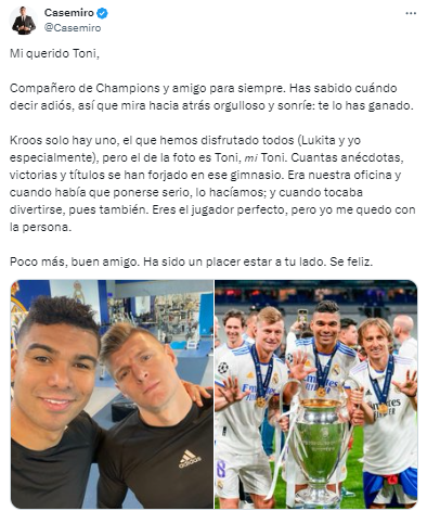 “Poco más, buen amigo. Ha sido un placer estar a tu lado. Se feliz”, la carta de Casemiro a Toni Kroos tras anunciar su retiro.