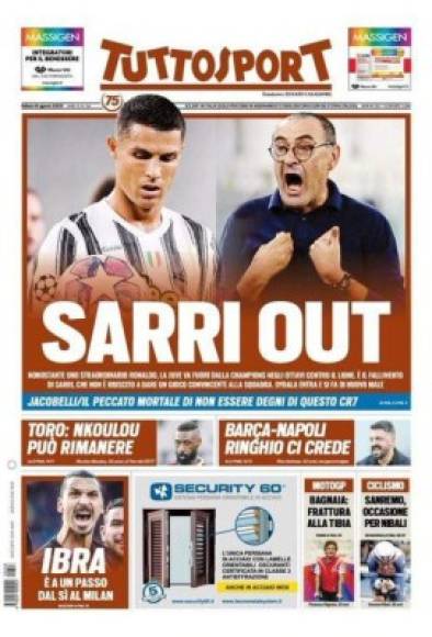 Tuttosport - 'Sarri fuera'. 'A pesar de un Cristiano Ronaldo extraordinario, la Juve está fuera de la Champions League en octavos de final ante el Lyon. Es el fracaso de Sarri, que no logró darle un juego convincente al equipo. Dybala entra y se lastima de nuevo'.