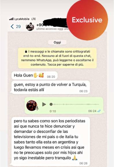  Guendalina Rodríguez compartió este mensaje en donde Icardi supuestamente le escribió para informarle que estaba en Turquía luego de su fichaje por el Galatasaray. 