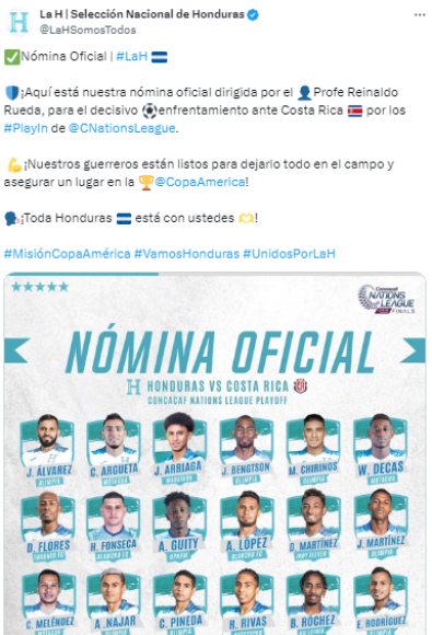 Los 23 convocados de la Selección de Honduras para el repechaje ante Costa Rica.