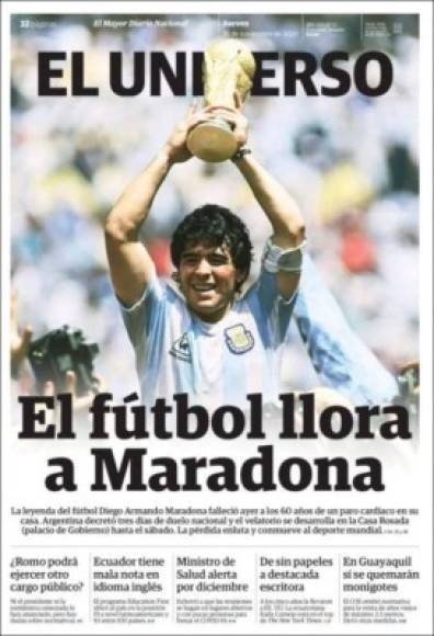 El Universo de Ecuador - 'El fútbol llora a Maradona'.