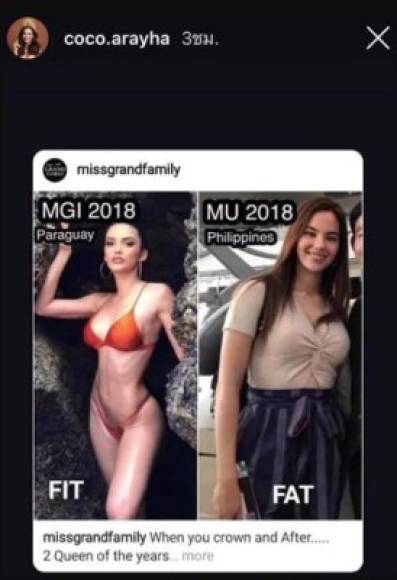 En Instagram Stories la joven compartió una imagen donde comparaba a la Miss Paraguay 2018, Clara Sosa, con Catriona, poniendo las etiquetas 'Fit' sobre Sosa y 'Fat' sobre Gray.<br/><br/>