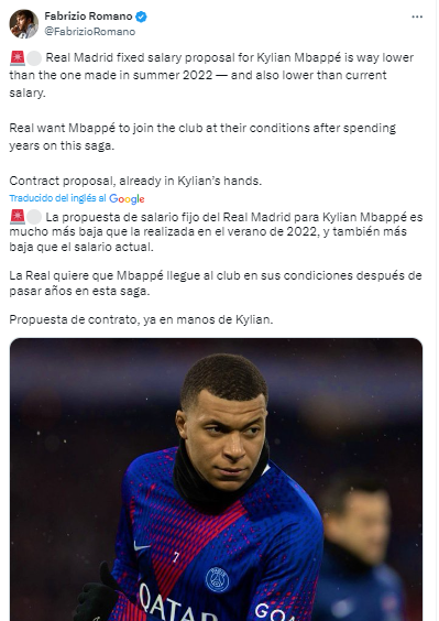 “La propuesta de salario fijo del Real Madrid para Kylian Mbappé es mucho más baja que la realizada en el verano de 2022, y también más baja que el salario actual (PSG)”, apuntó el reconocido periodista y experto en fichajes.