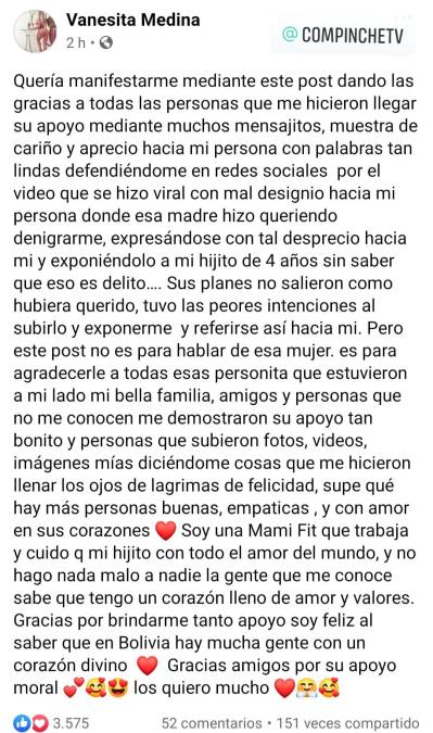 “Esa madre grabó eso queriendo denigrarme, expresándose con tal desprecio hacia mí y exponiendo a mi hijito de 4 años sin saber que eso es delito”. 