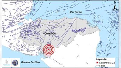 Fotografía del mapa de Honduras con punto del epicentro.