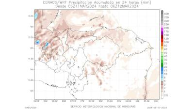 Mapa de precipitaciones en Honduras para este 11 de marzo de 2024.