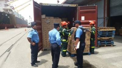 Autoridades de Seguridad de Honduras haciendo el respectivo análisis del cargamento en el municipio de Puerto Cortés.