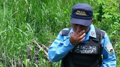 Un integrante de la Policía Nacional cubre su nariz después de que se acercara a la escena del crimen donde yace el cadáver de una mujer en estado de descomposición.