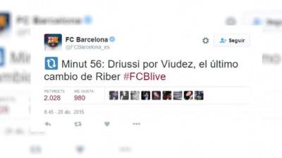 El Barcelona se equivocó y puso que se enfrentaba a 'Riber' en su cuenta de Twitter.