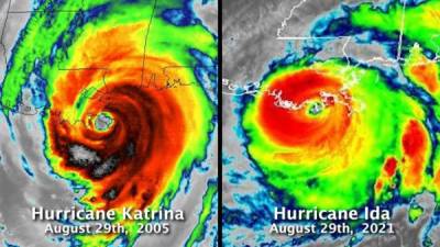 Estas imágenes infrarrojas una al lado de la otra de NOAALos satélites muestran los dos devastadores impactos de los huracanes Katrina e Ida, que ocurrieron el mismo día, exactamente con 16 años de diferencia. Foto: NOAA.