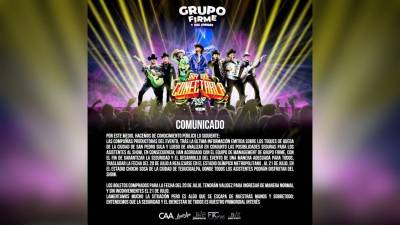 Comunicado de Grupo Firme anunciando la cancelación del concierto en San Pedro Sula.