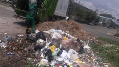Personal de Sulambiente mientras limpia un botadero en el barrio Paz Barahona.