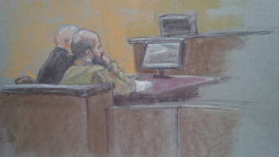 Dibujo de la sala de justicia adonde se efectuó el proceso a Nidal Hasan.