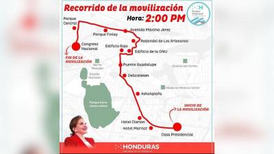 Mapa que muestra la ruta de la movilización del Partido Libre.