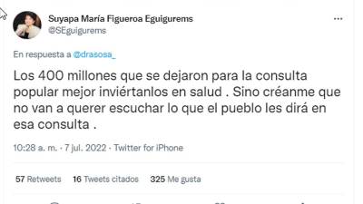 Tuit de la diputada Suyapa Figueroa.