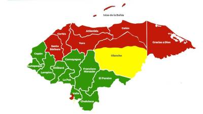 Mapa de Honduras con alertas verde, amarilla y roja emitida por Copeco.