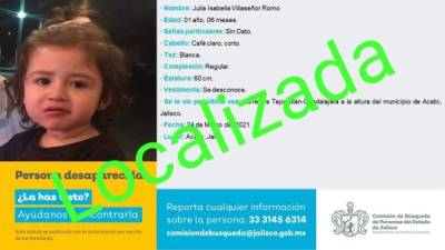 La menor, de nombre Julia Isabella, desapareció junto con sus padres, Jimena Romo, de 25 años, y Julio Alberto Villaseñor, de 35 años, además de Virginia Villaseñor, hermana de su padre, y el hijo de esta, Iker, de 9 años, tras entrar al estado y cuando viajaban cerca de Acatic.