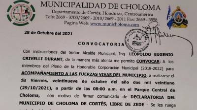 Convocatoria publicada por el alcalde de Choloma, Leopoldo Crivelli.