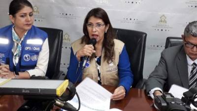 Ministra de Salud, Alba Consuelo Flores en conferencia de prensa en Tegucigalpa.