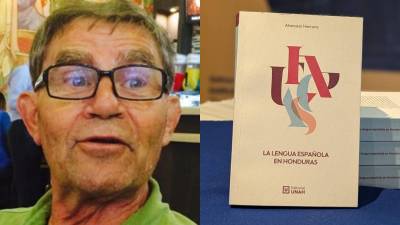 El investigador y autor de la obra, Atanasio Herranz, y su libro “La lengua española en Honduras”.