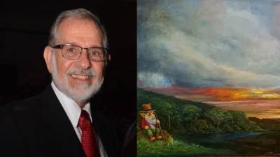 Marco Rietti y una de sus obras expuestas en “Tierra de pan llevar”, titulada “Mitos y leyendas: El Duende”. ´La misma fue hecha con la técnica óleo sobre lienzo, al igual que las demás.