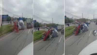 Video: Rastra vuelca en “Vuelta del Cura” y por poco aplasta a carro que iba a un lado