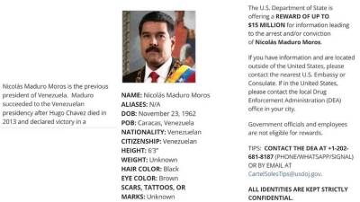El<b> Departamento de Estado norteamericano </b>mantiene vigente la recompensa ofrecida desde 2020 por la captura del dictador venezolano <b>Nicolás Maduro</b>, quien es acusado por la <b>Justicia estadounidense </b>por cargos de <b>narcoterrorismo</b>.