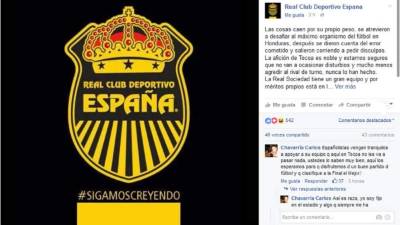 El mensaje que colgó el Real España en sus redes sociales.