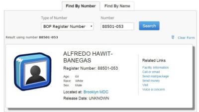 Así aparece el registro que certifica el ingreso de Alfredo Hawit al Centro Metropolitano de Detención de Brooklyn.
