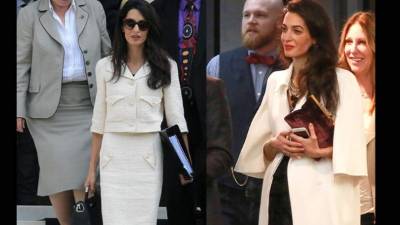 Amal Clooney en una comparación de fotos de su última aparición pública. En la foto de la derecha su vientre se ve más abultado.