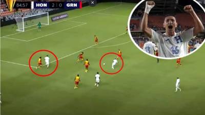 Johnny Leverón definió a tres dedos para marcar el tercer gol de Honduras ante Granada en la Copa Oro 2021.