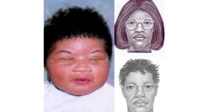 Composición divulgada por la oficina del alguacil de Jacksonville (Florida) que muestra los retratos hablados que originalmente publicaron las autoridades para buscar a una bebé robada en 1998, Kamiyah Mobley - de quien no contaban con una foto -, y de la persona que la secuestro a las pocas horas de nacida. EFE/Oficina del Alguacil de Jacksonville