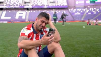 Luis Suárez no pudo contener el llanto tras la conquista del título del Atlético de Madrid. Captura Pantalla Direct TV.
