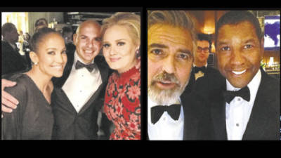 Jennifer López, Pitbull y Adele usan Twitter Mirror durante los premios Grammy. En la otra imagen George Clooney y Denzel Washington durante los premios Oscar este año.
